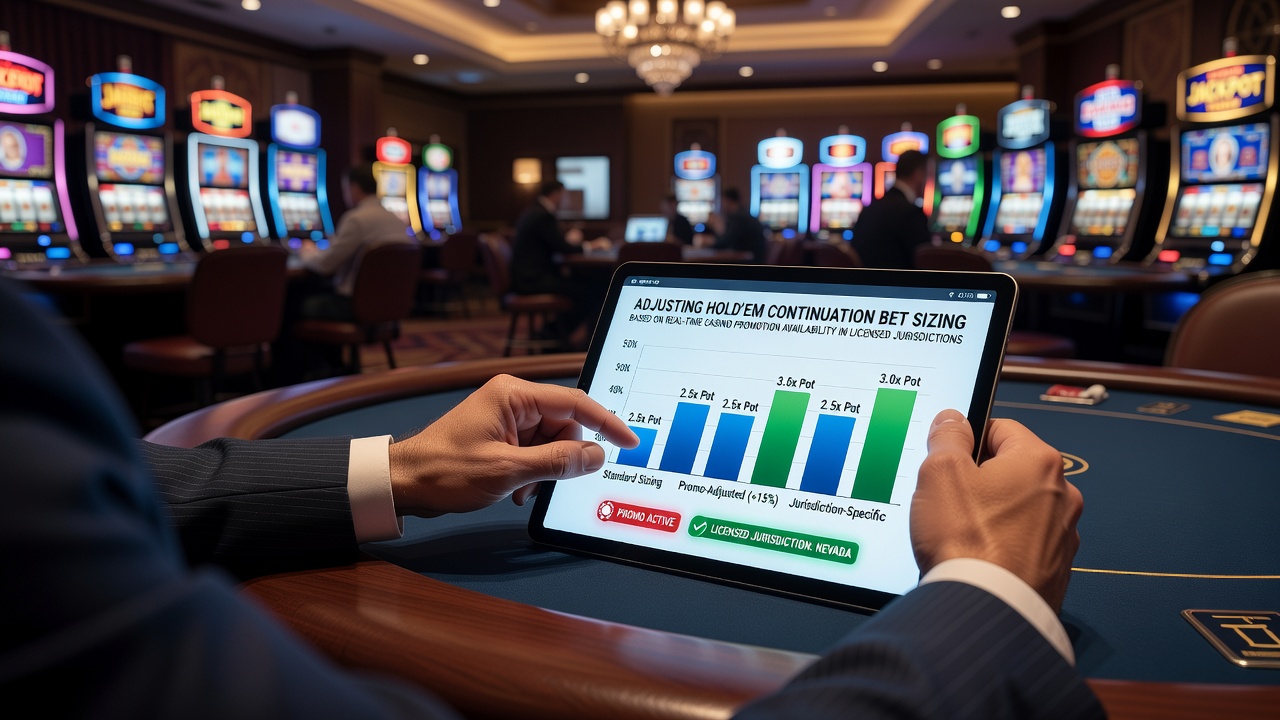 Poker table setup in a licensed casino showing chips and cards during a hold'em session with promotional banners visible in the background
