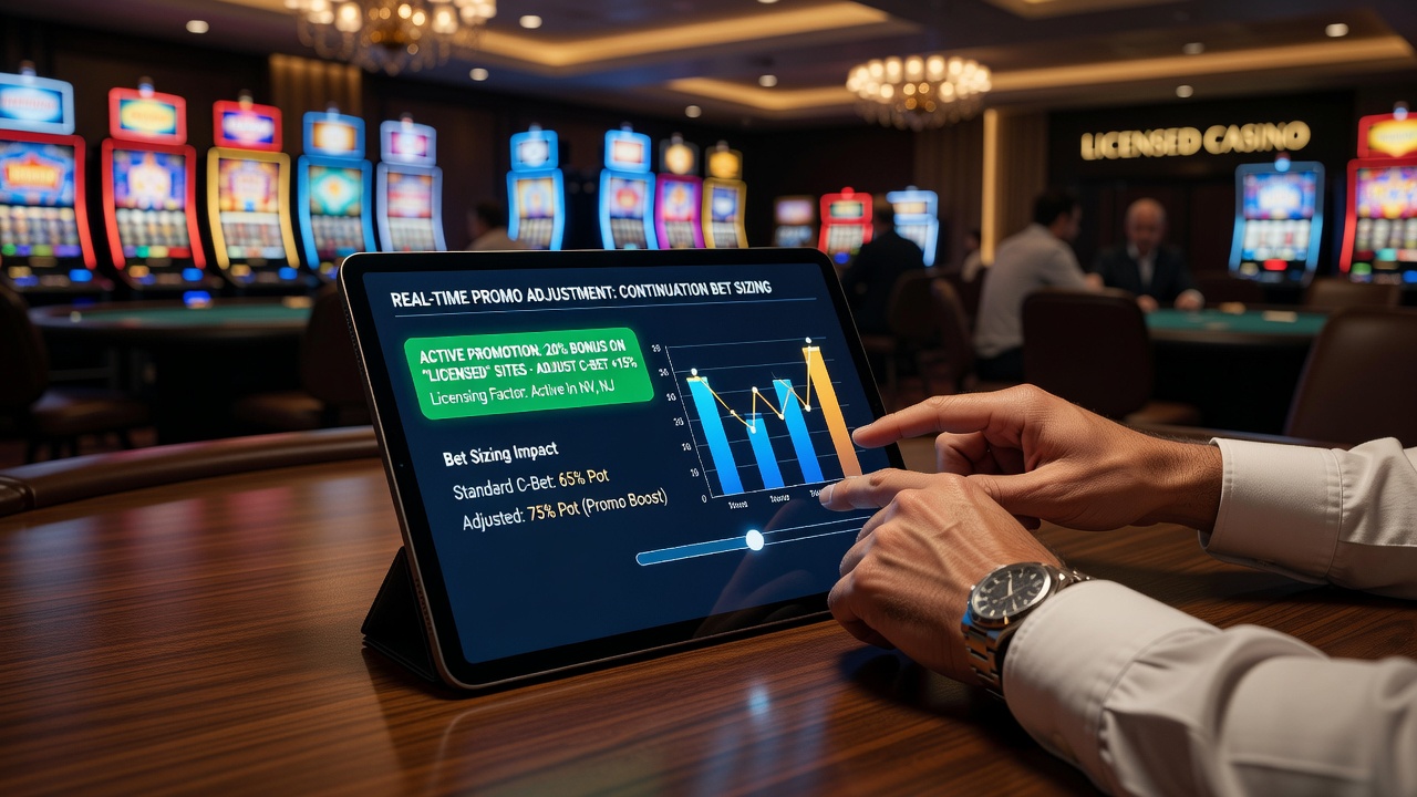 Close-up of poker chips and a mobile device displaying a casino promotion dashboard next to a hold'em table in a regulated venue