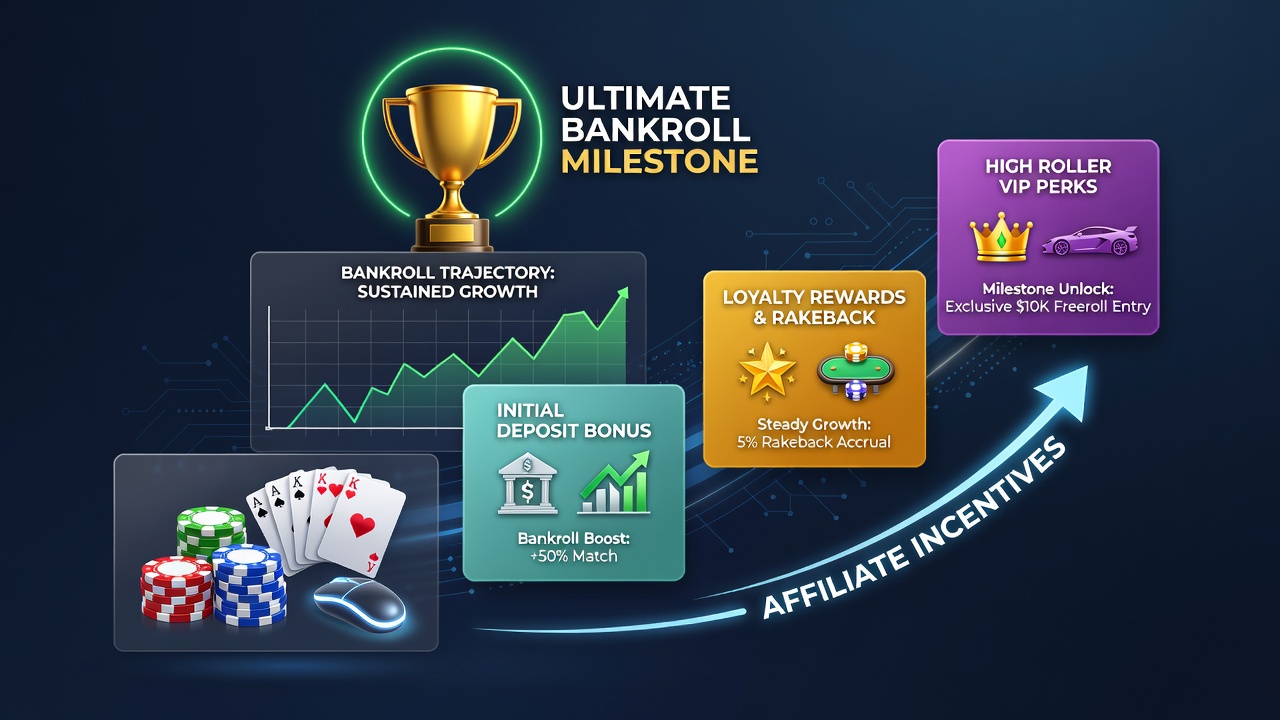 Hold'em bankroll dashboard displaying milestone markers alongside affiliate bonus credit history