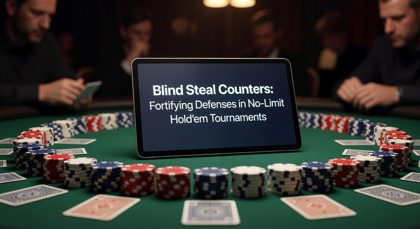 Poker players at a tournament table, with chips stacked high in the blinds as a late-position raise unfolds