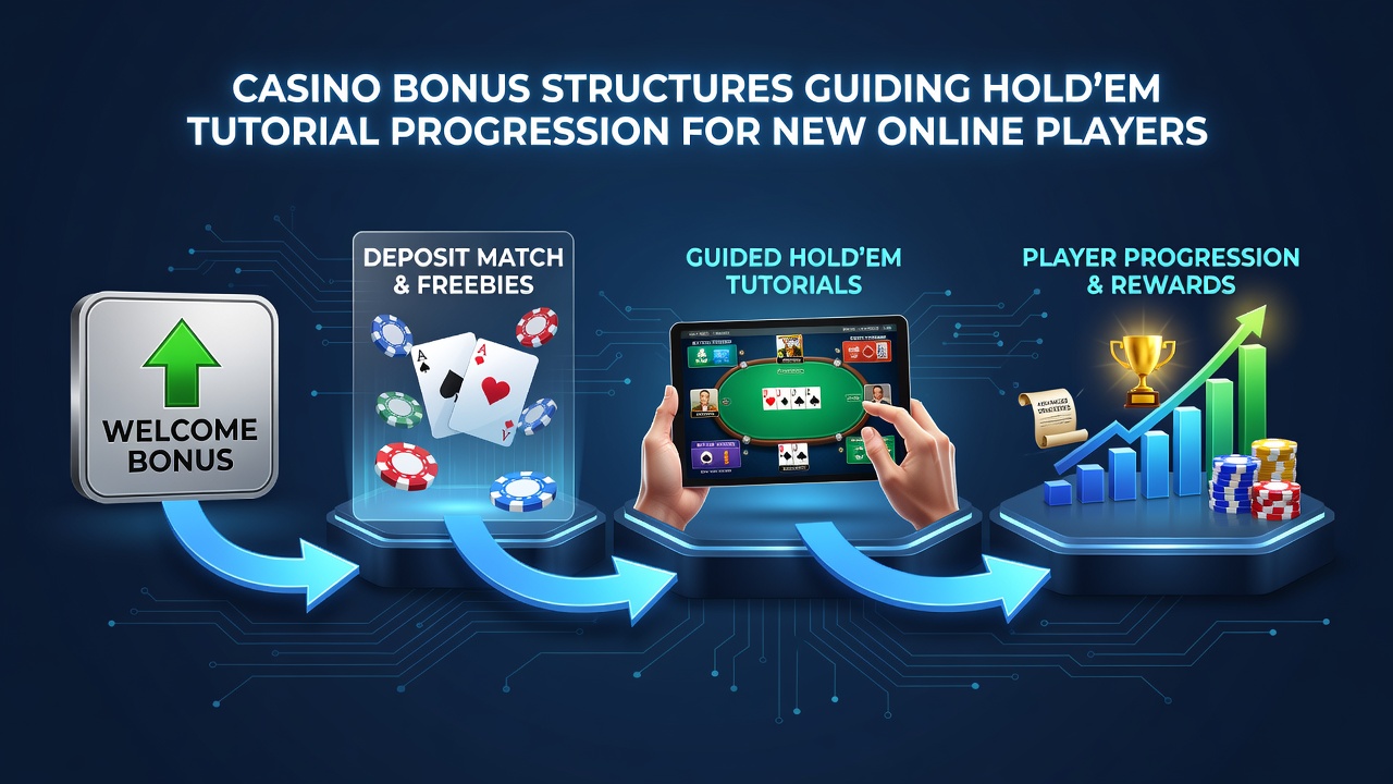 Online poker interface showing casino bonus offers alongside Texas Hold'em tutorial modules for new players