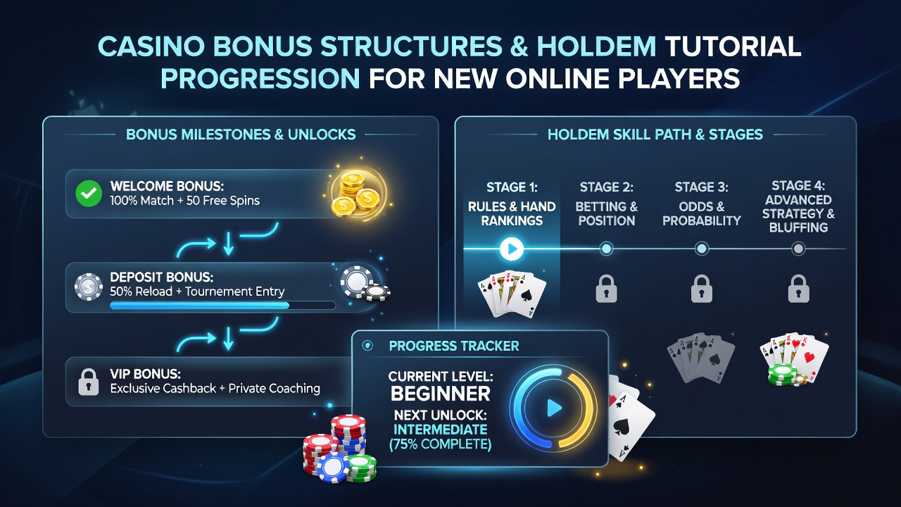 Player dashboard displaying Hold'em tutorial levels connected to active casino bonus progress bars and hand history reviews