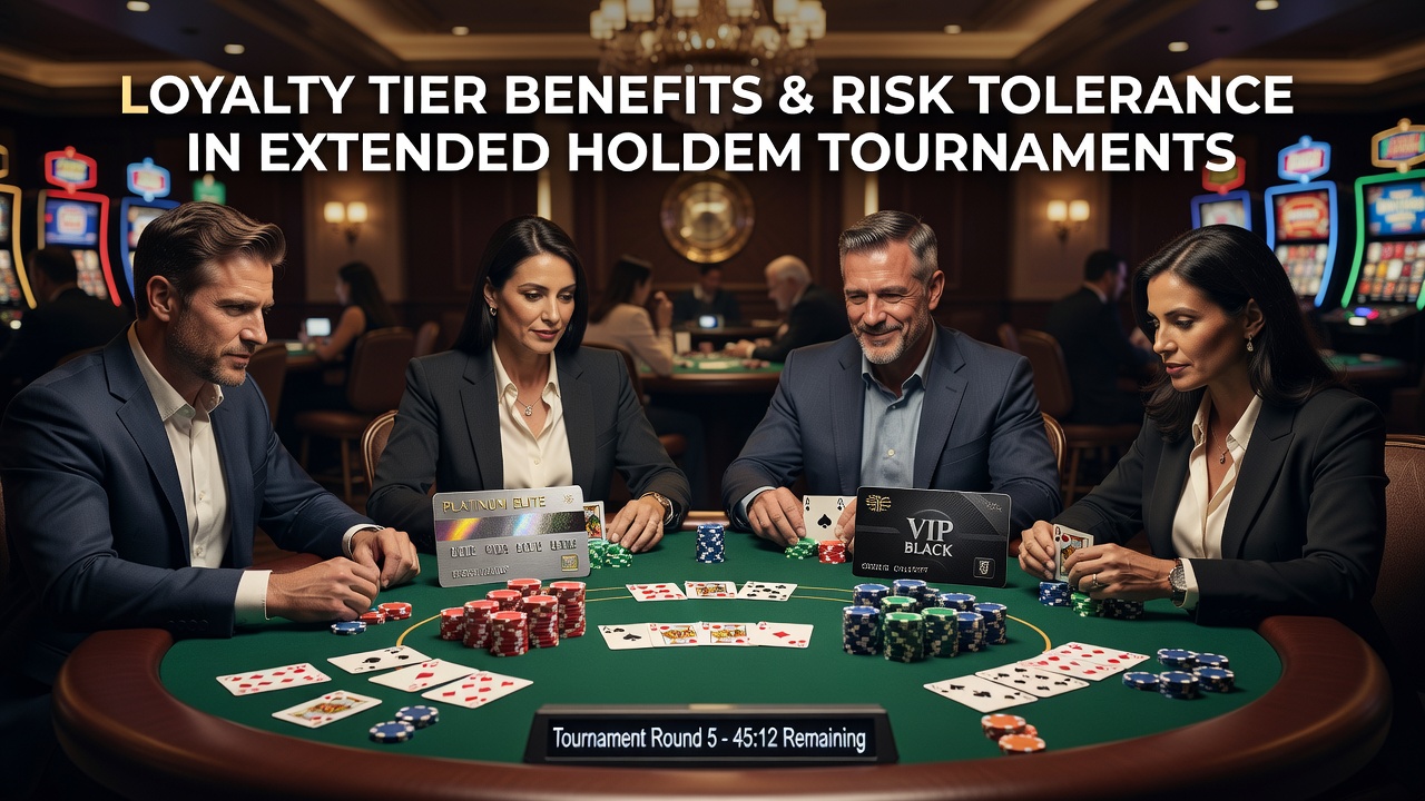 Hold'em tournament players reviewing loyalty tier rewards at an integrated resort