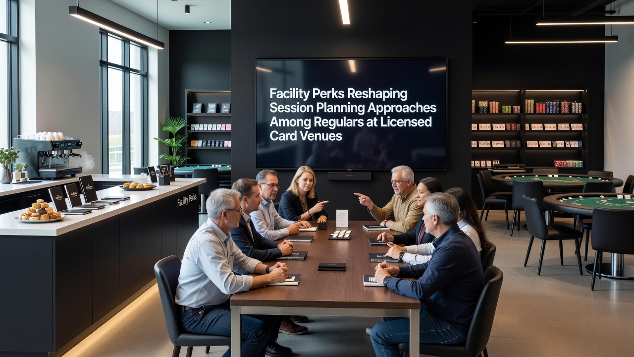 Regular players reviewing loyalty rewards and session schedules at a licensed card venue lounge area