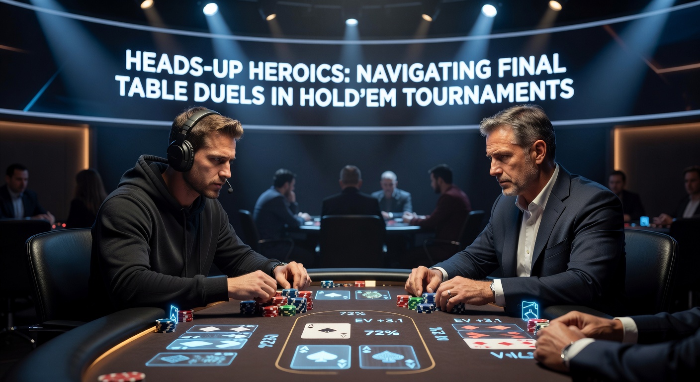 Two poker players locked in intense heads-up play at a final table, chips stacked high and cards mid-deal
