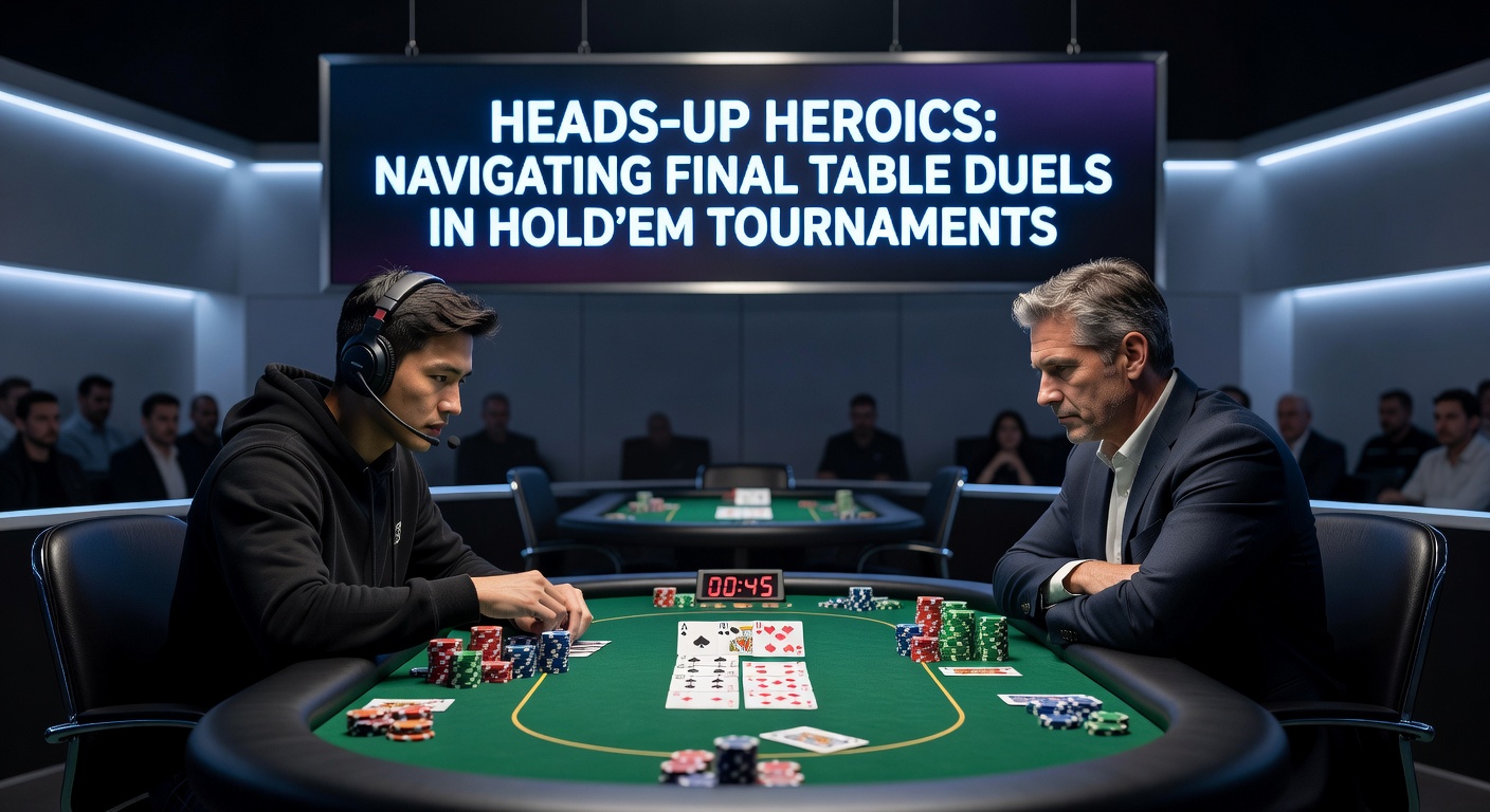 Close-up of poker chips and a final table heads-up showdown, tension evident in the players' focused expressions
