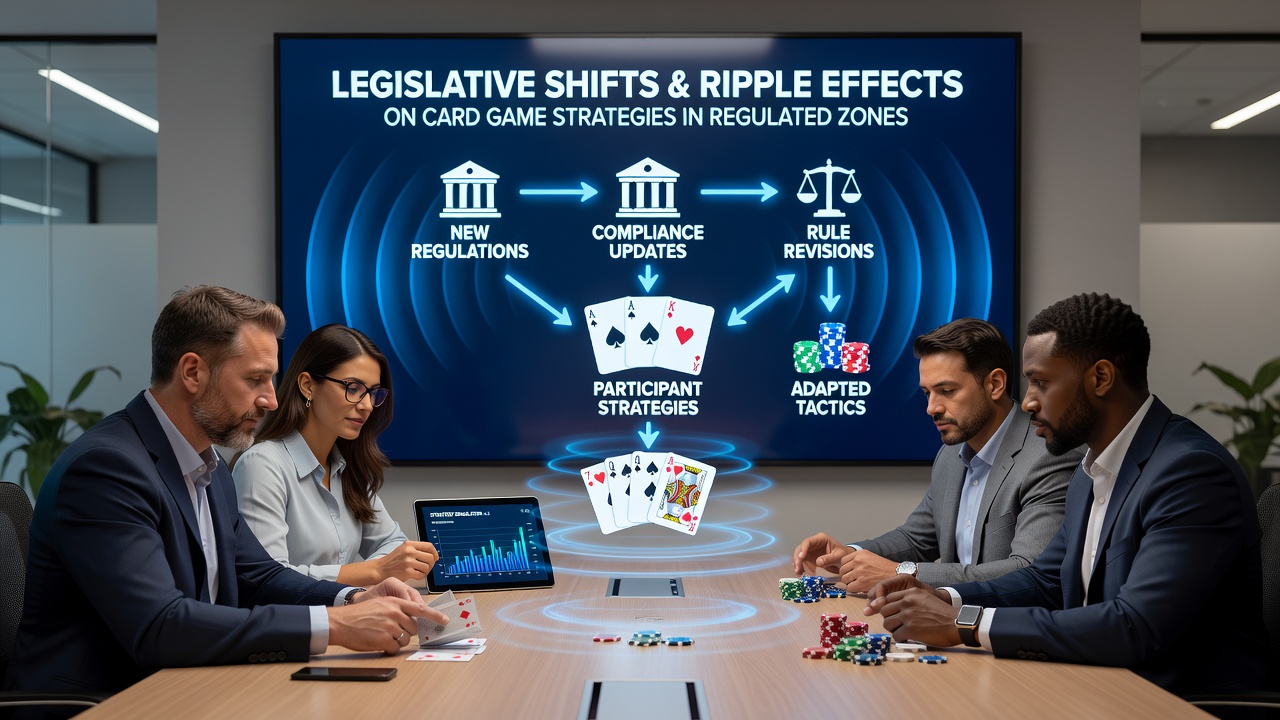Card game participants reviewing strategy adjustments amid updated regulatory signage in a licensed gaming area