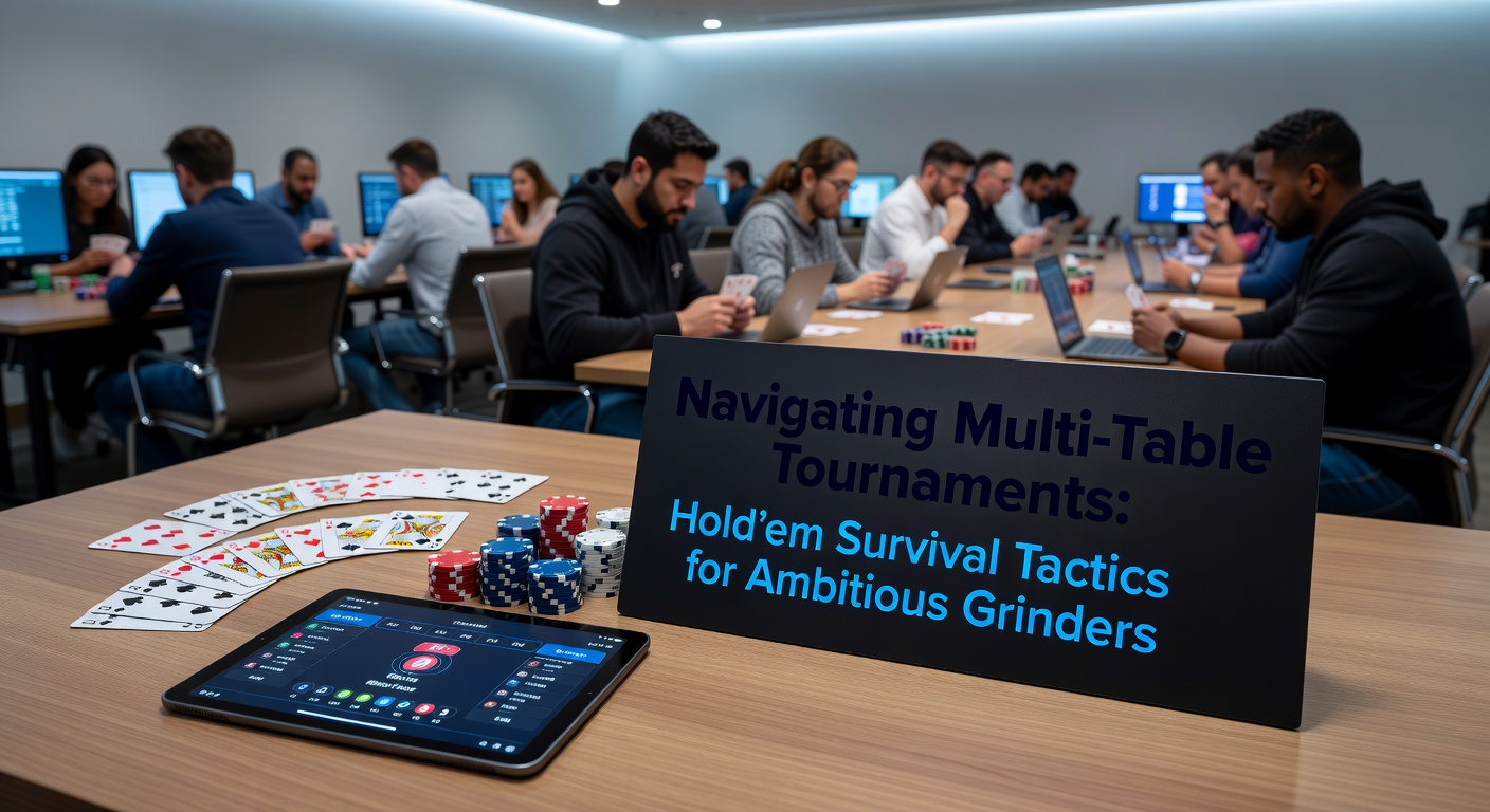 Poker players at multi-table tournament screens, stacks of chips in play during intense Hold'em action