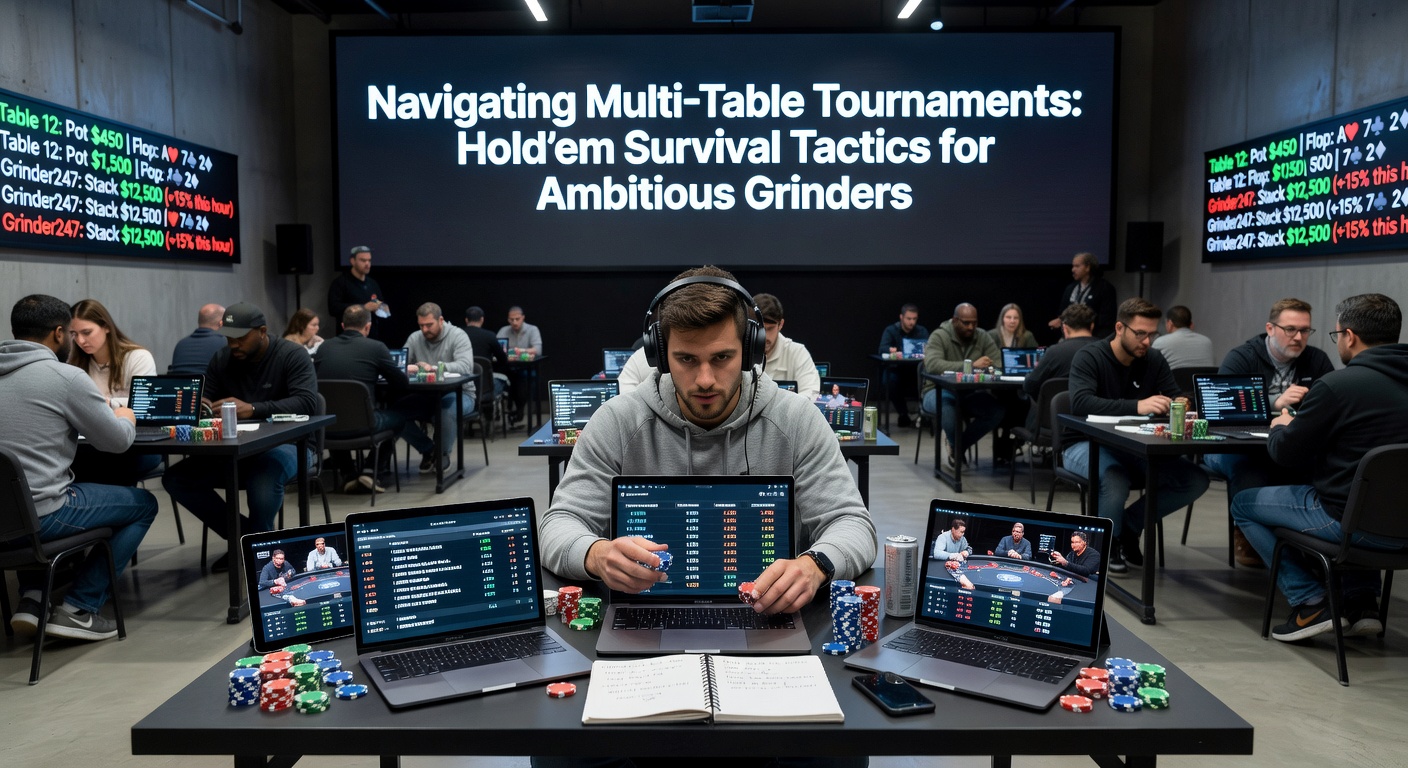 Close-up of a poker grinder analyzing tournament charts on multiple screens, graphs showing stack progression