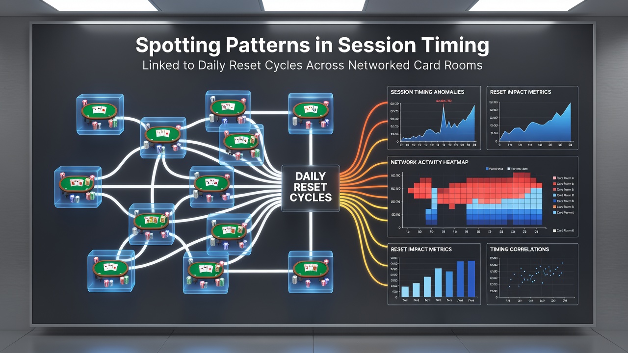 Networked card room interface displaying session timing analytics and daily reset indicators