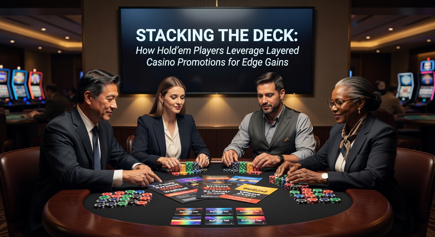 Poker players at a casino table reviewing promotion details on their phones, stacks of chips in the foreground highlighting strategic edge plays
