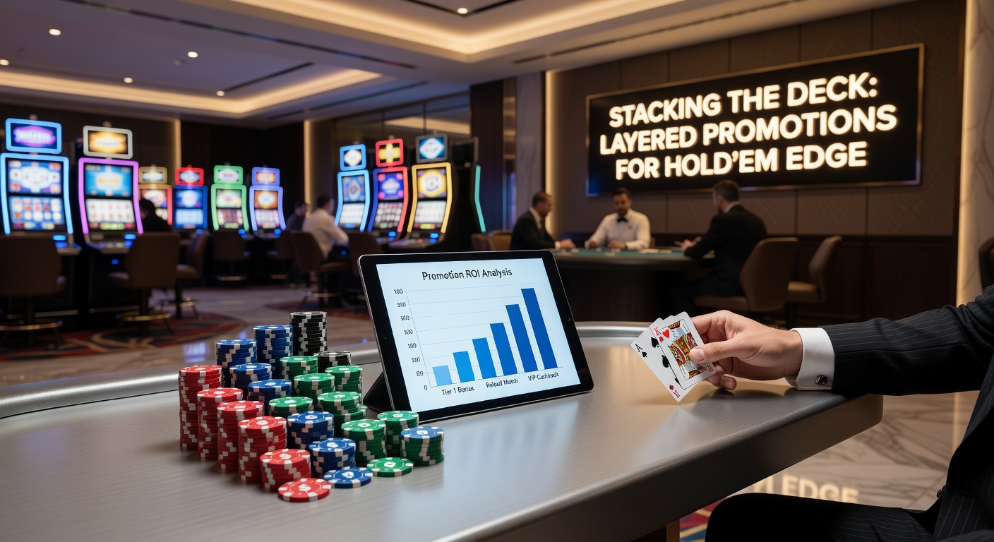 Close-up of a poker chip stack next to a casino promotion flyer and calculator, symbolizing the calculated layering of bonuses for edge